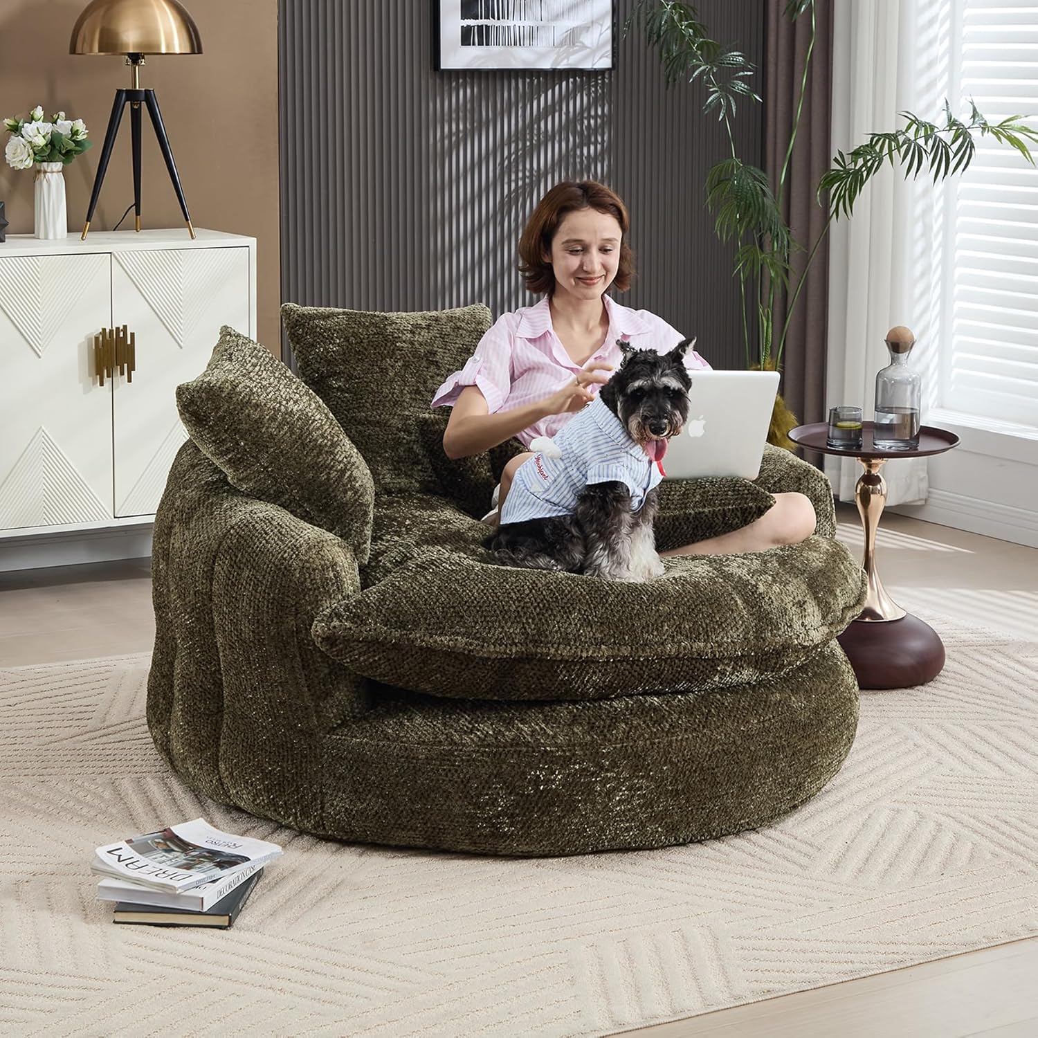 55 inch Oversized Round Chair, Fluffy Chenille Boneless Sofa with Extra Deep Seat for Living Room Lounge