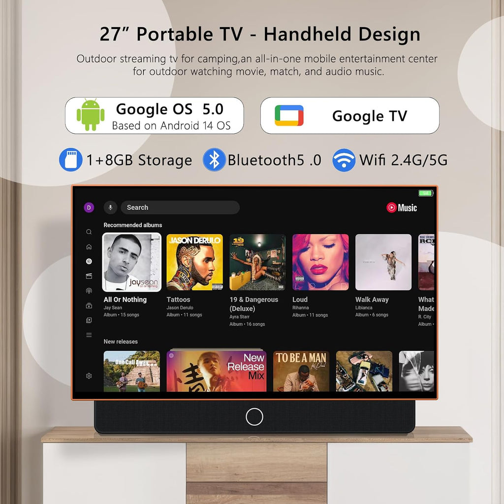 24-Inch Portable Smart TV with Protective Case, Battery Powered Outdoor TV, 1080P FHD, Google TV, HDR10, Dolby Audio, Chromecast, Ideal for Soccer, Sports, Football Game Day Bundle