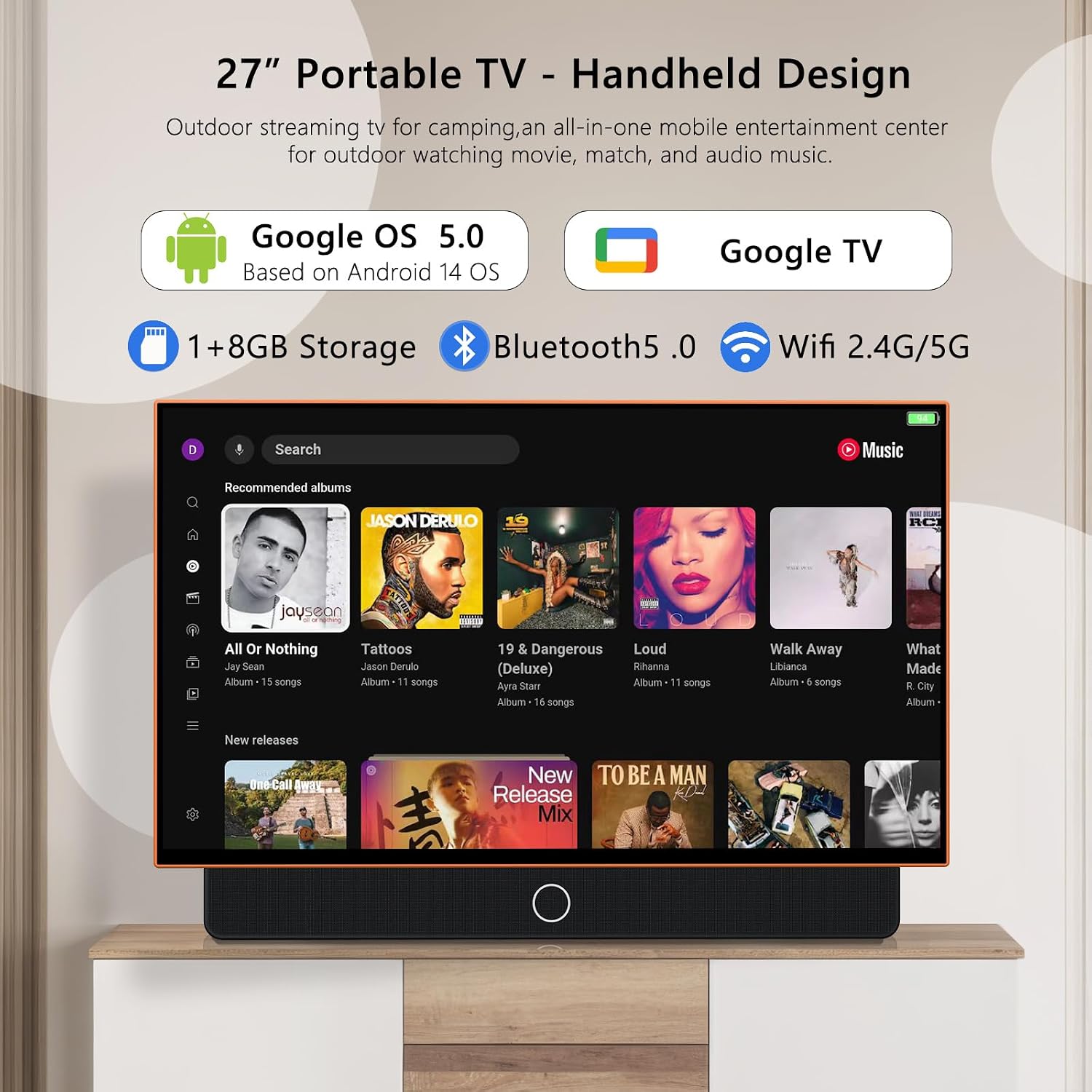 24-Inch Portable Smart TV with Protective Case, Battery Powered Outdoor TV, 1080P FHD, Google TV, HDR10, Dolby Audio, Chromecast, Ideal for Soccer, Sports, Football Game Day Bundle