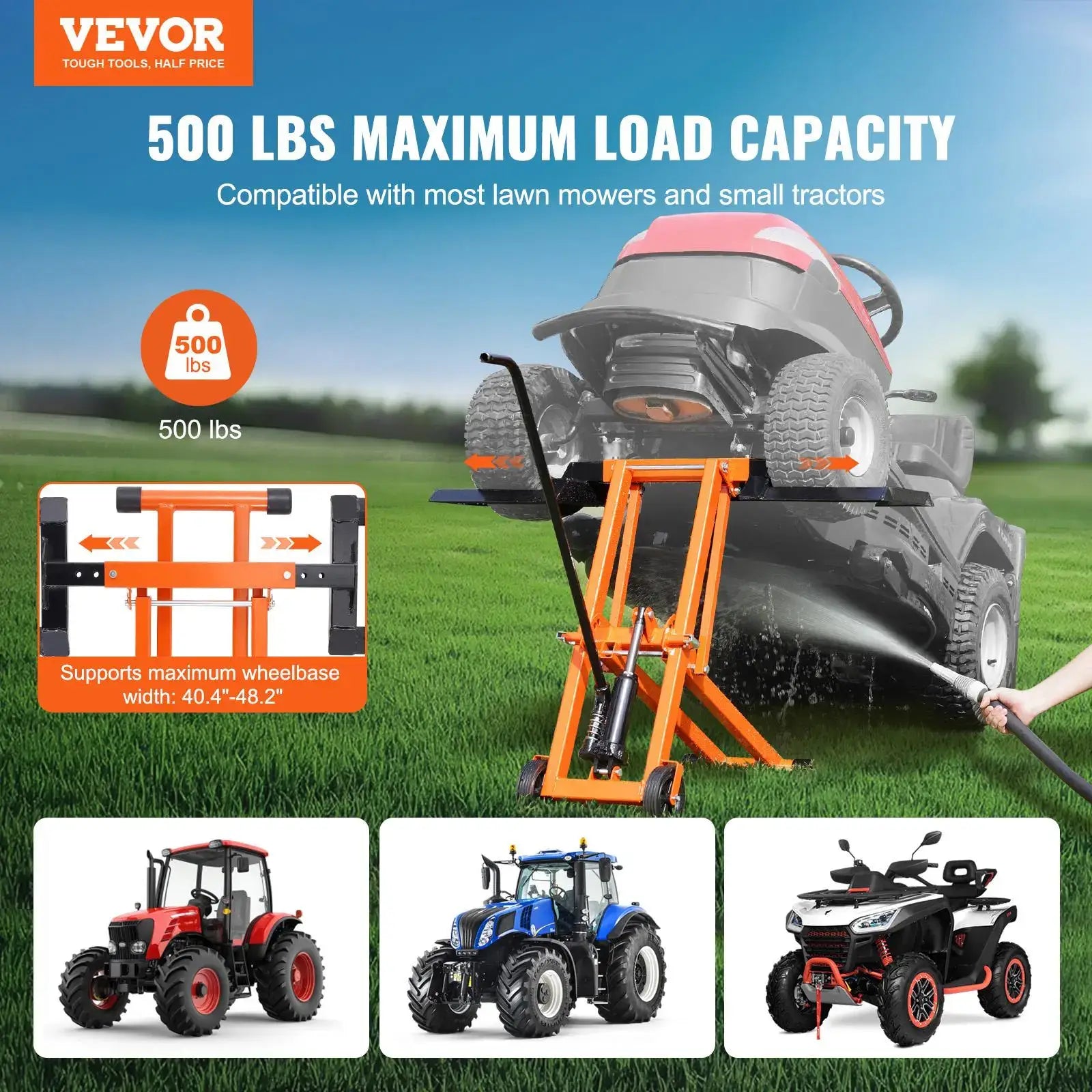 Lawn Mower Lift with Hydraulic Jack, 500 Lbs Weight Capacity, Solid Carbon Steel Lawn Mower Lift, Adjustable Movable Lawn Lifter for Riding Tractors and Zero Turn Lawn Mowers, Orange