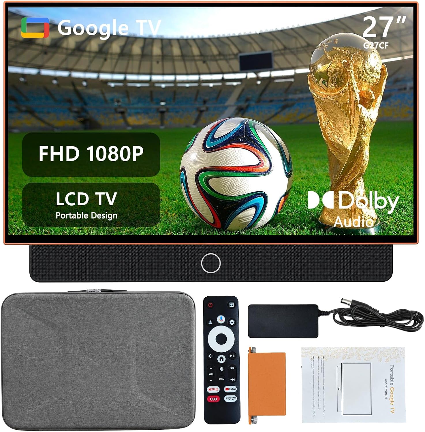 24-Inch Portable Smart TV with Protective Case, Battery Powered Outdoor TV, 1080P FHD, Google TV, HDR10, Dolby Audio, Chromecast, Ideal for Soccer, Sports, Football Game Day Bundle