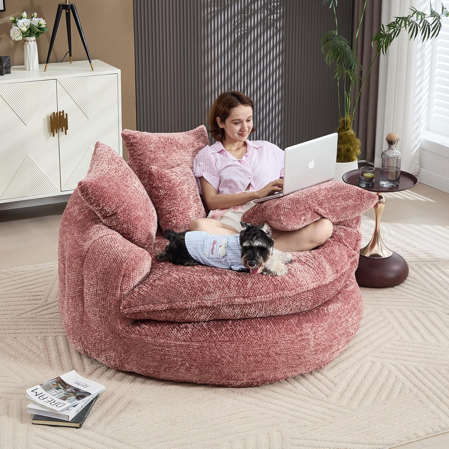 55 inch Oversized Round Chair, Fluffy Chenille Boneless Sofa with Extra Deep Seat for Living Room Lounge