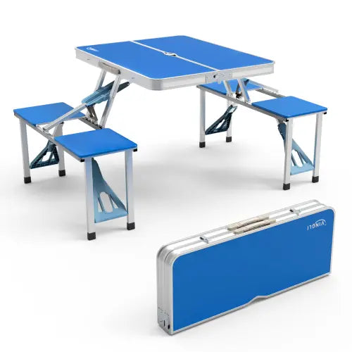 4 Ft Camping Picnic Table Set with 4 Seats, 220 Lbs Support Aluminum Frame, Foldable Suitcase Design with Umbrella Hole, for BBQ, Travel, Outing, Gathering, RV