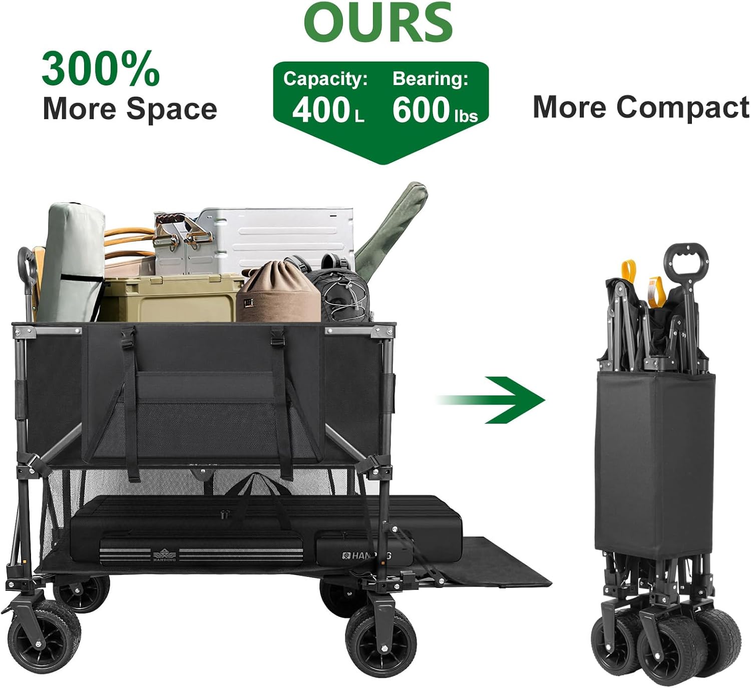 Double Decker Wagon 600lb Capacity & 400L Collapsible Sports Wagon with Big Wheels 54 Extended Utility Folding Cart for Camping Fishing & Outdoor Use