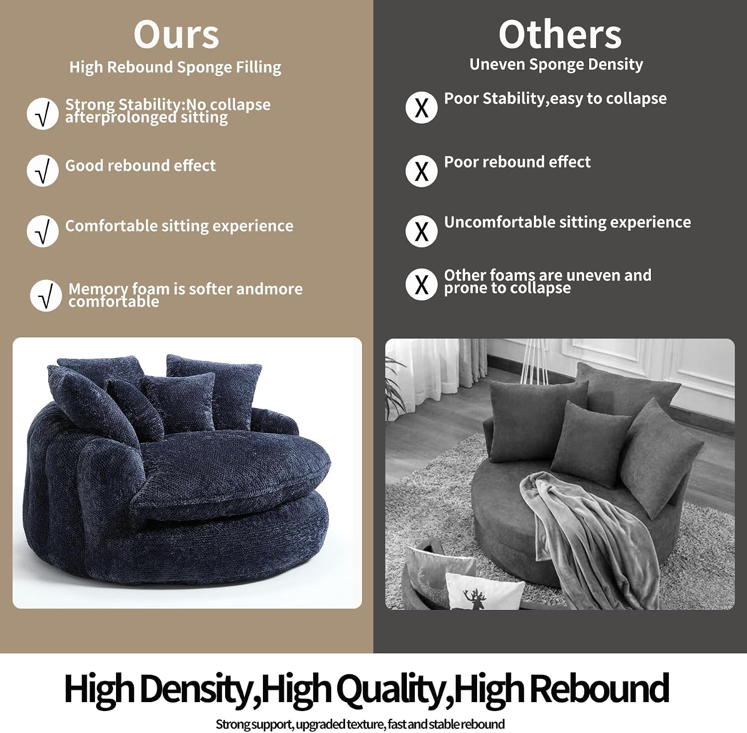 55 inch Oversized Round Chair, Fluffy Chenille Boneless Sofa with Extra Deep Seat for Living Room Lounge