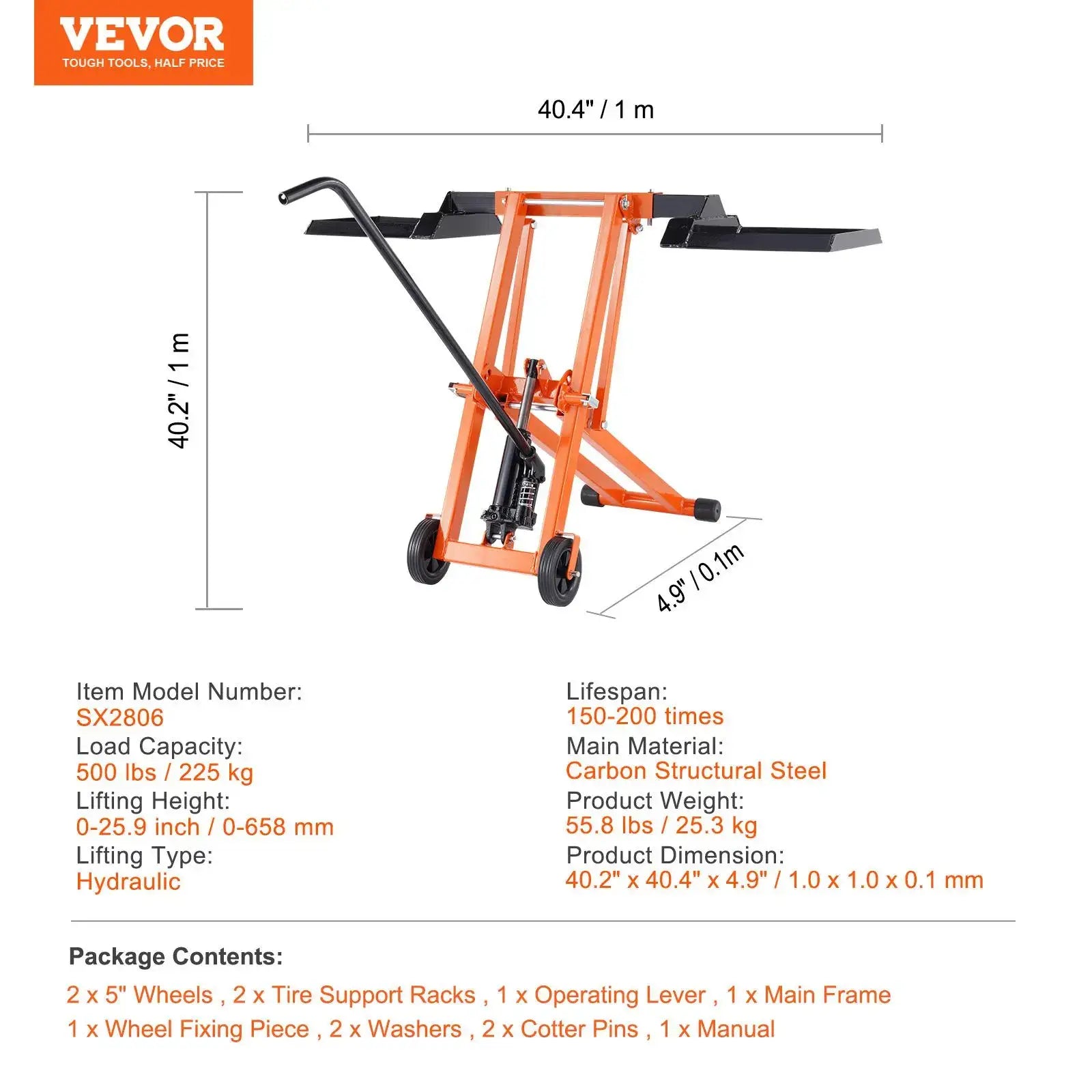 Lawn Mower Lift with Hydraulic Jack, 500 Lbs Weight Capacity, Solid Carbon Steel Lawn Mower Lift, Adjustable Movable Lawn Lifter for Riding Tractors and Zero Turn Lawn Mowers, Orange