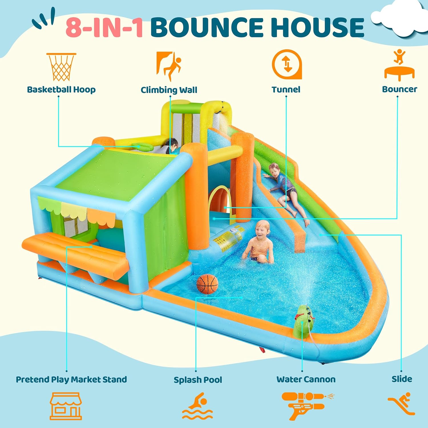 Inflatable Bounce House with Slide & Splash Pool