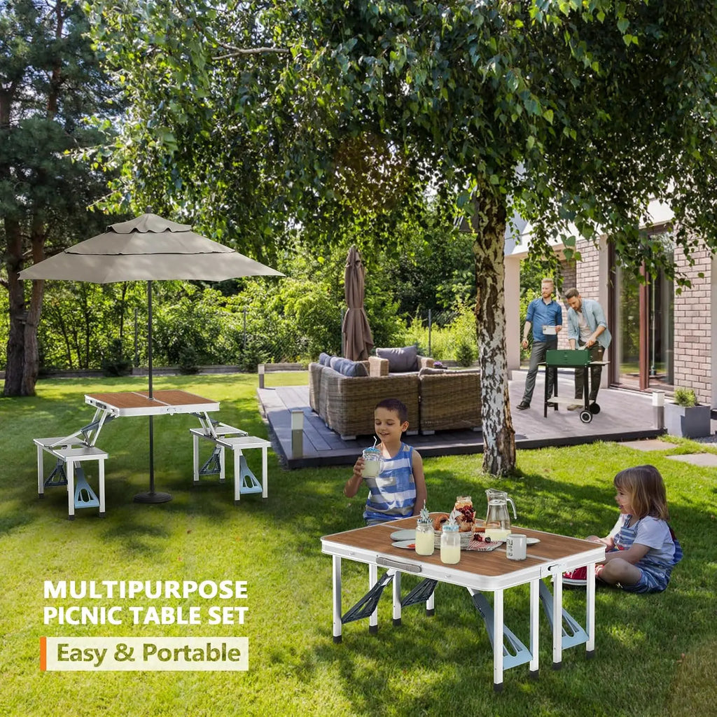 4 Ft Camping Picnic Table Set with 4 Seats, 220 Lbs Support Aluminum Frame, Foldable Suitcase Design with Umbrella Hole, for BBQ, Travel, Outing, Gathering, RV