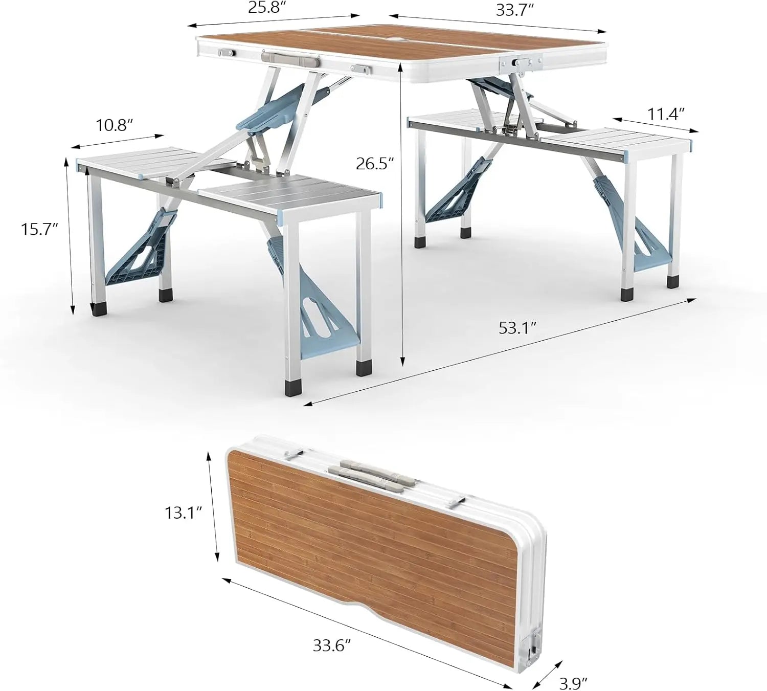 4 Ft Camping Picnic Table Set with 4 Seats, 220 Lbs Support Aluminum Frame, Foldable Suitcase Design with Umbrella Hole, for BBQ, Travel, Outing, Gathering, RV
