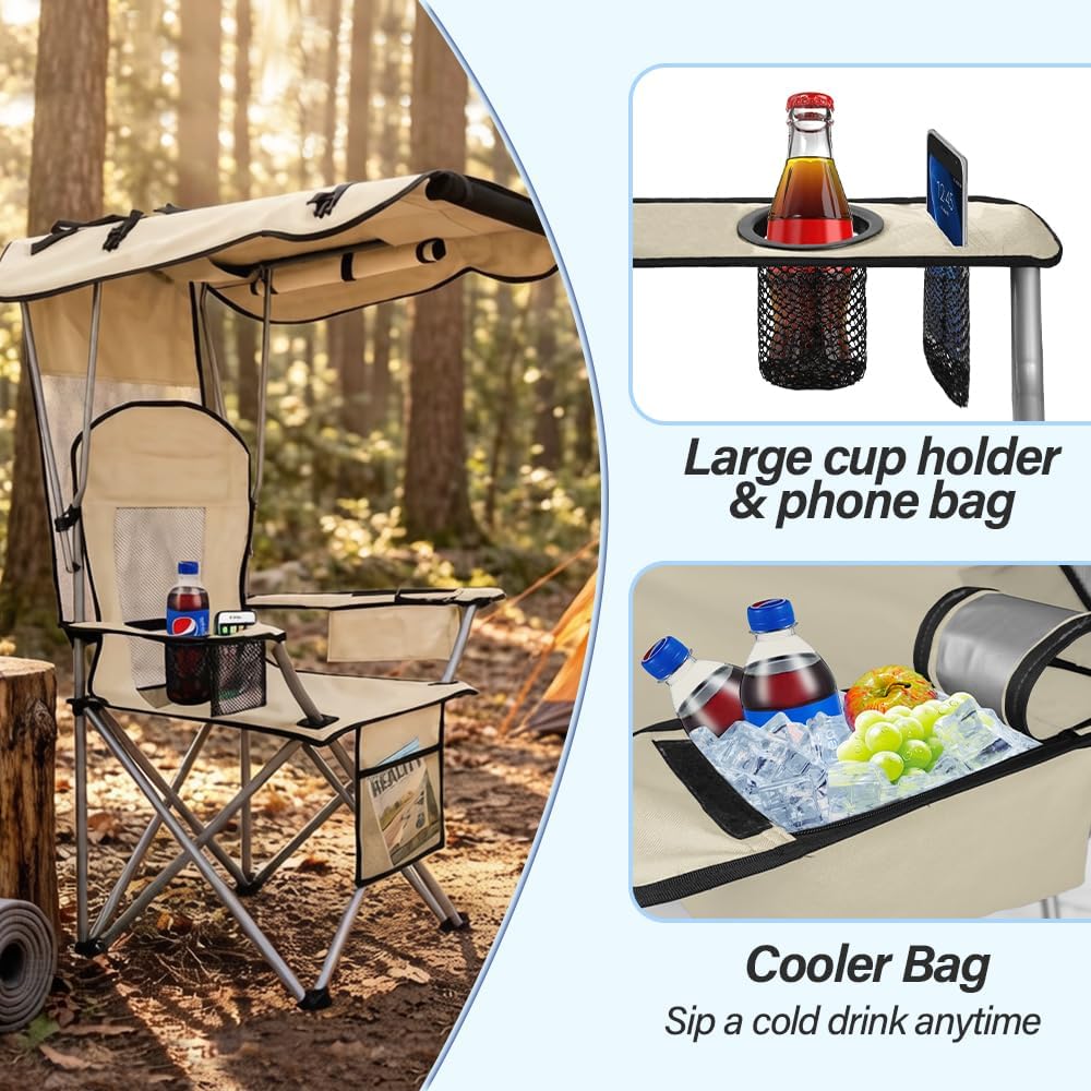 Camping Chairs with Canopy, Portable Quad Lawn Chair for Adults, Folding Recliner Chair with Cup Holder Outdoor Events and Shade- Support 330 LBS