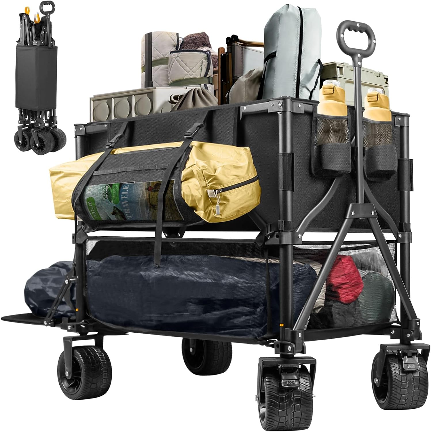 Double Decker Wagon 600lb Capacity & 400L Collapsible Sports Wagon with Big Wheels 54 Extended Utility Folding Cart for Camping Fishing & Outdoor Use