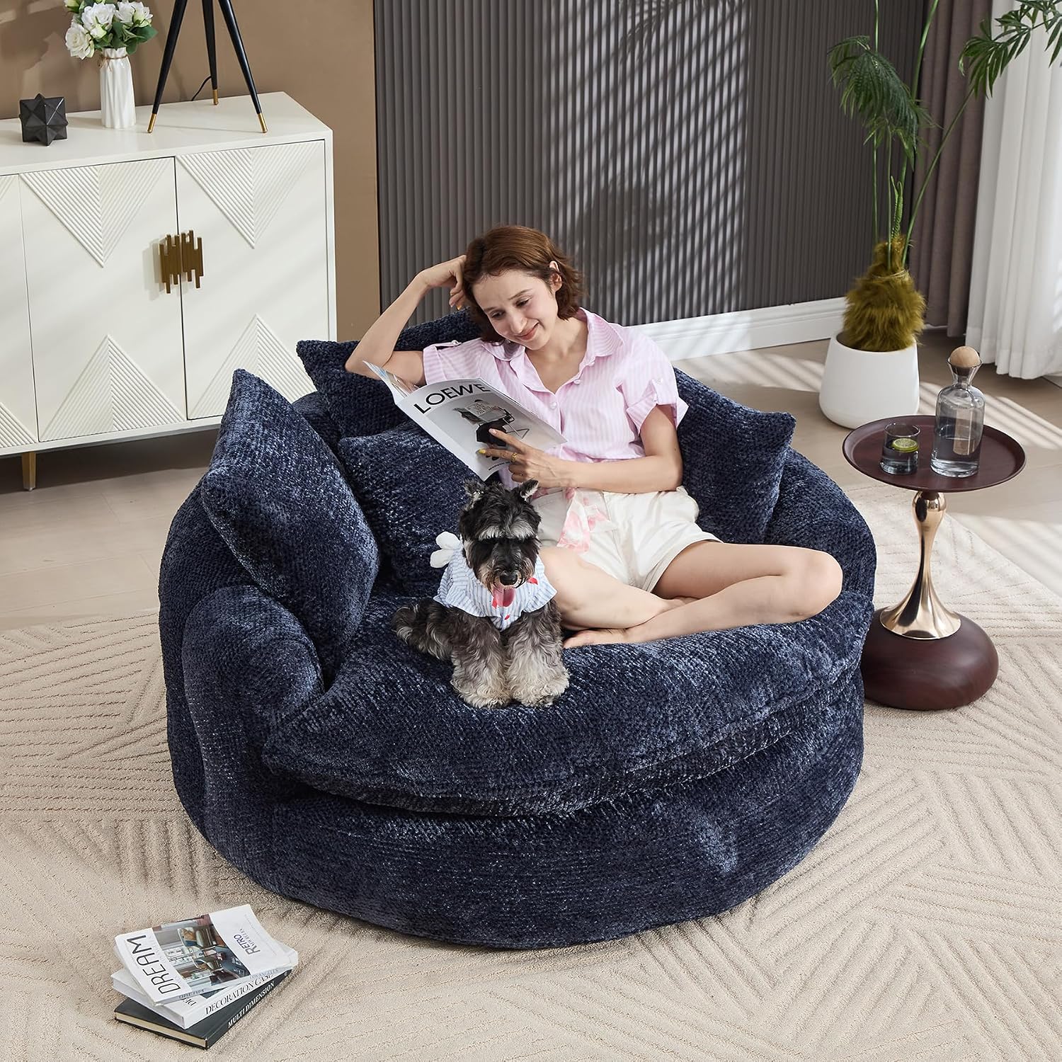55 inch Oversized Round Chair, Fluffy Chenille Boneless Sofa with Extra Deep Seat for Living Room Lounge