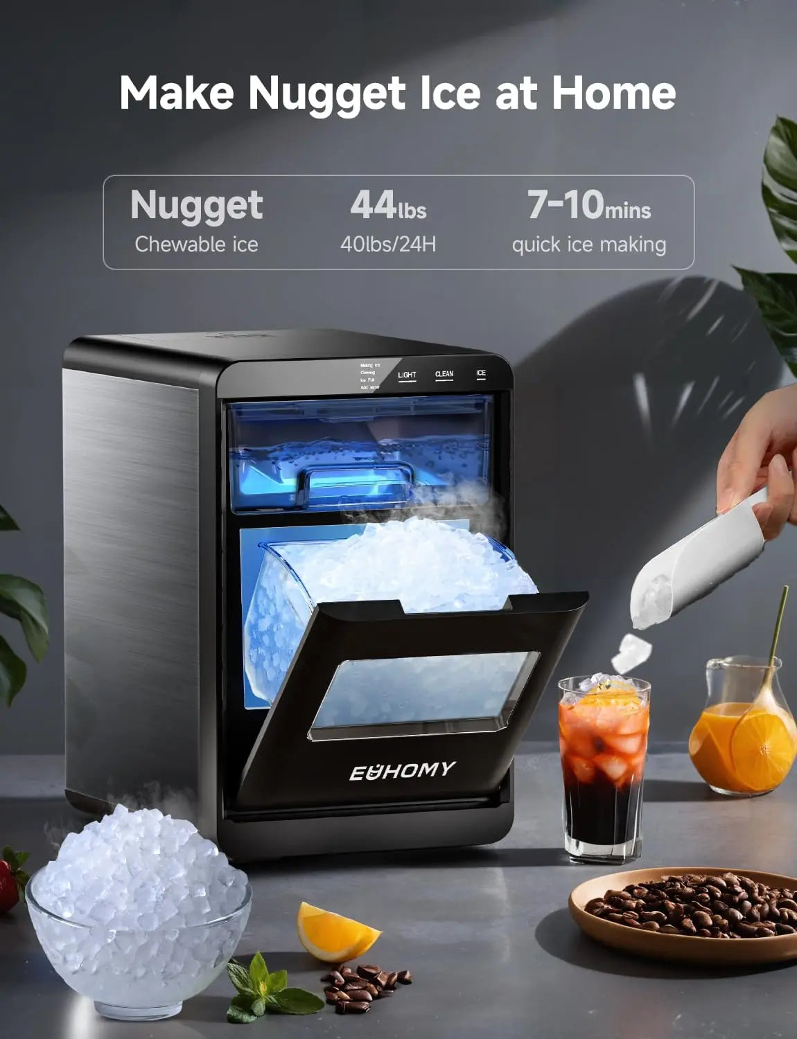 Nugget Ice Maker - 44Lbs/24H Self-Cleaning Machine