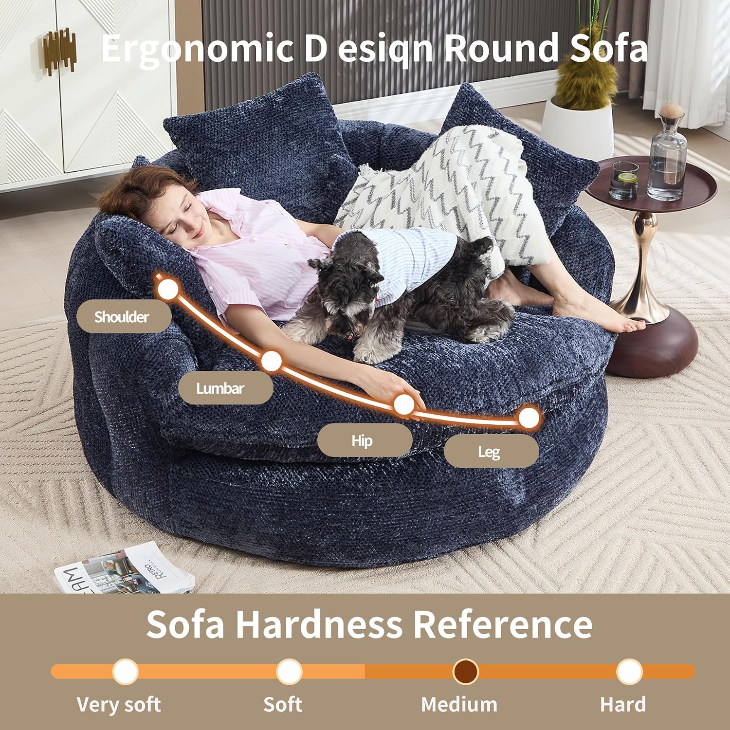 55 inch Oversized Round Chair, Fluffy Chenille Boneless Sofa with Extra Deep Seat for Living Room Lounge
