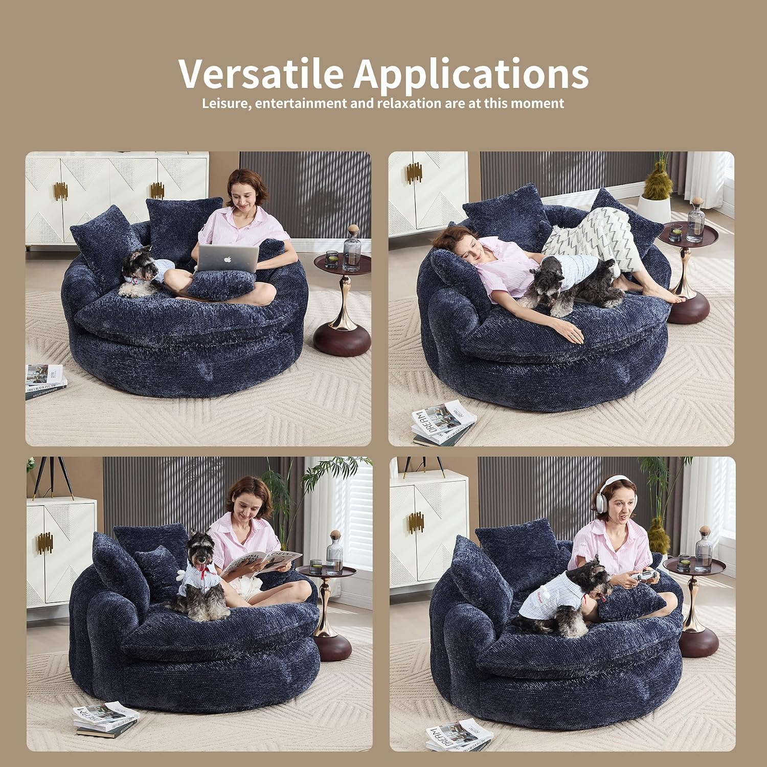 55 inch Oversized Round Chair, Fluffy Chenille Boneless Sofa with Extra Deep Seat for Living Room Lounge
