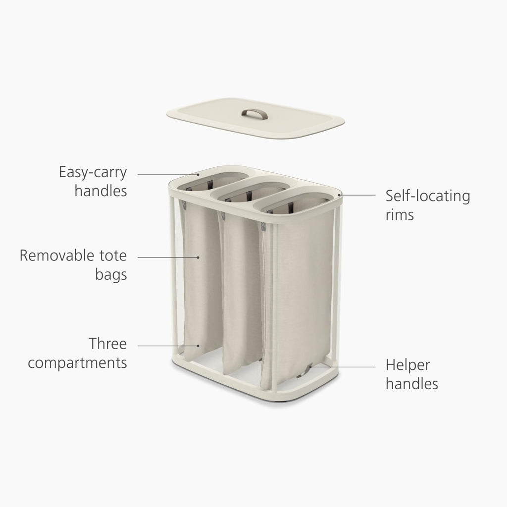 Tota Trio 90 liter/23.8 gallon Laundry Hamper Separation Basket with lid, 3 Removable Washing Bags with Handles