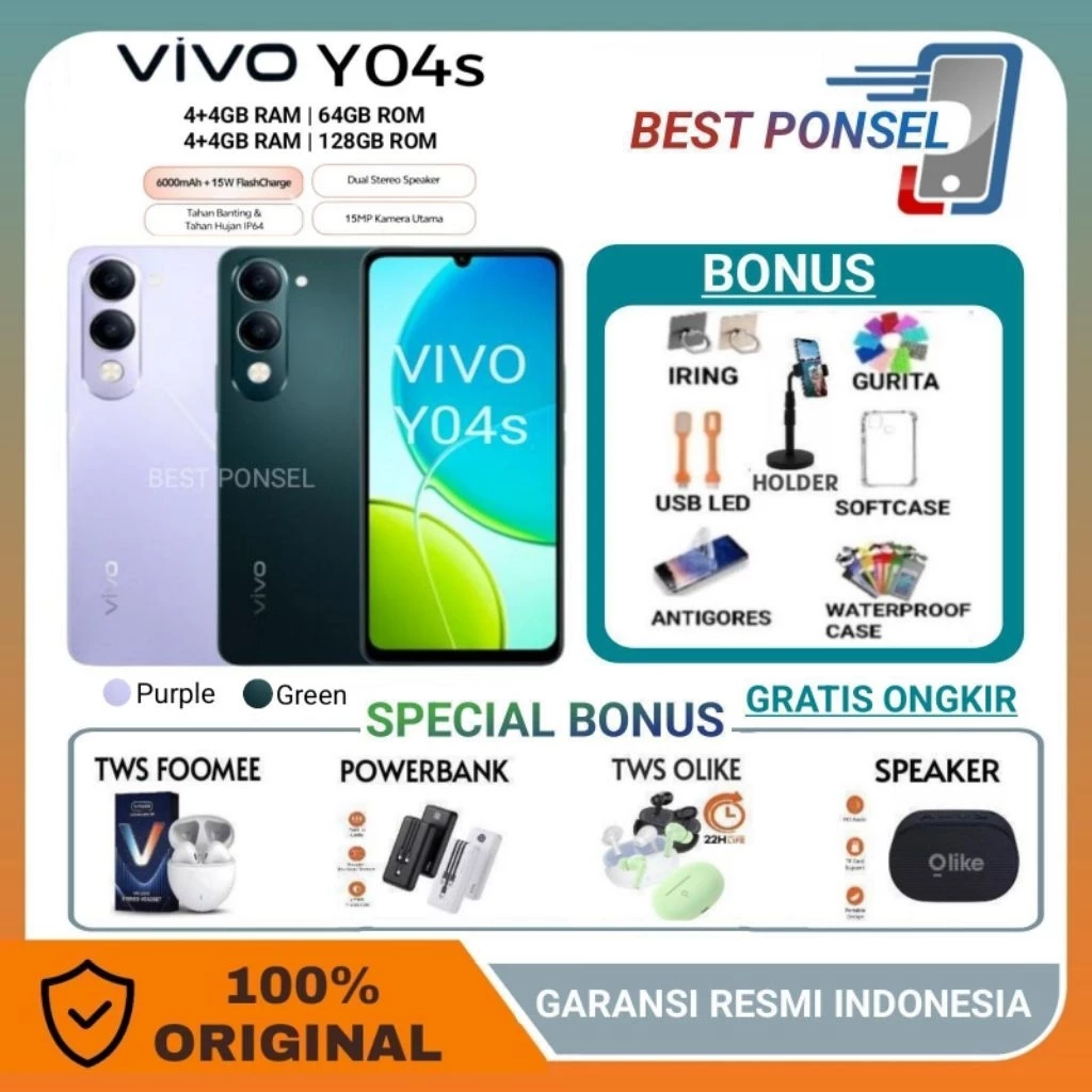 VIVO Y04S 4GB + 64GB | RAM Y04s 4GB + 128GB GARANSI RESMI VIVO INDONESIA