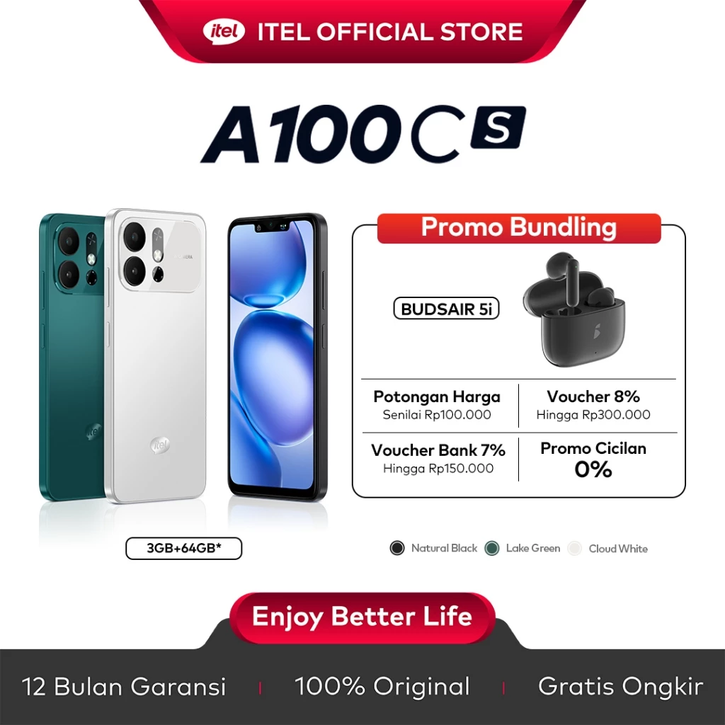 ITEL A100CS Desain Baru 3GB + 64GB | Layar 6.6 "90Hz | HP Tahan Banting Kelas Militer | Baterai 5000mAh | UltraLink Panggilan Gratis