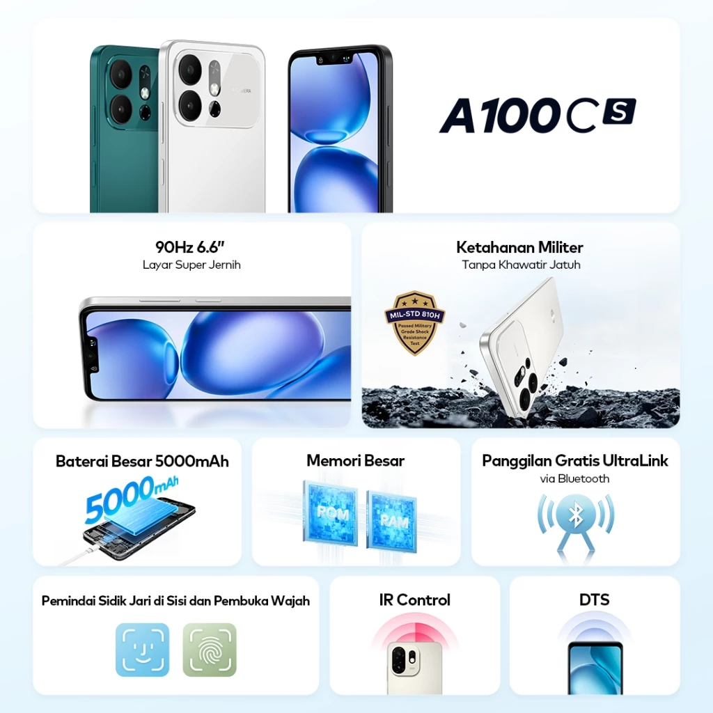 ITEL A100CS Desain Baru 3GB + 64GB | Layar 6.6 "90Hz | HP Tahan Banting Kelas Militer | Baterai 5000mAh | UltraLink Panggilan Gratis