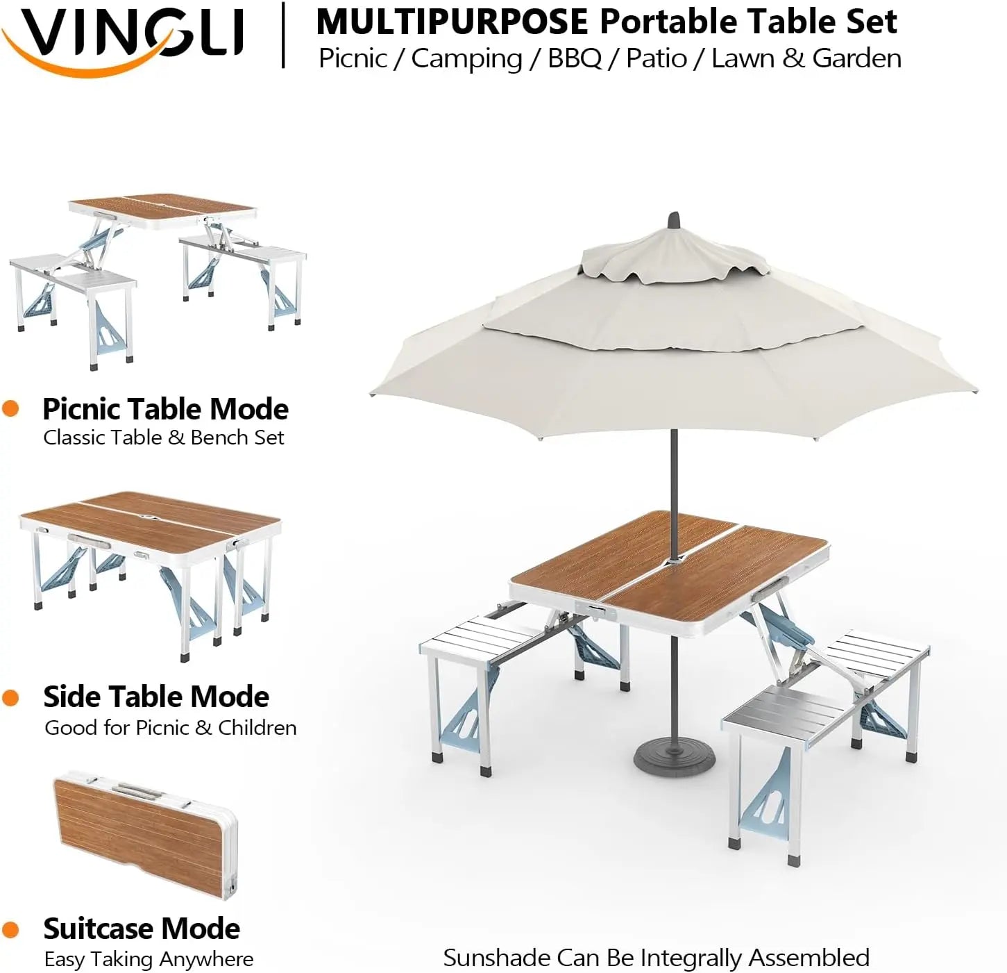 4 Ft Camping Picnic Table Set with 4 Seats, 220 Lbs Support Aluminum Frame, Foldable Suitcase Design with Umbrella Hole, for BBQ, Travel, Outing, Gathering, RV