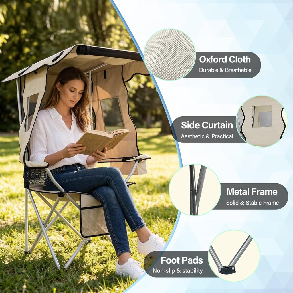 Camping Chairs with Canopy, Portable Quad Lawn Chair for Adults, Folding Recliner Chair with Cup Holder Outdoor Events and Shade- Support 330 LBS