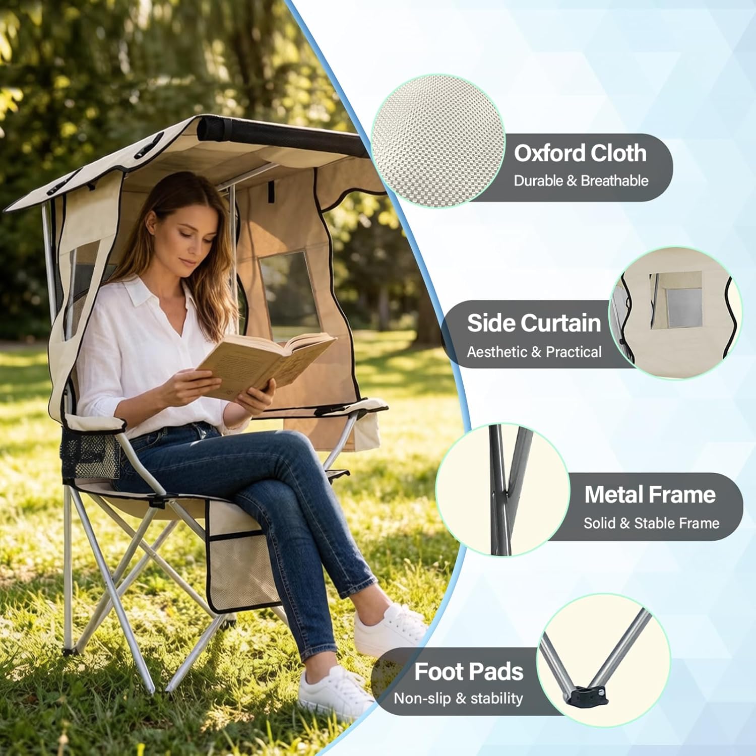 Camping Chairs with Canopy, Portable Quad Lawn Chair for Adults, Folding Recliner Chair with Cup Holder Outdoor Events and Shade- Support 330 LBS