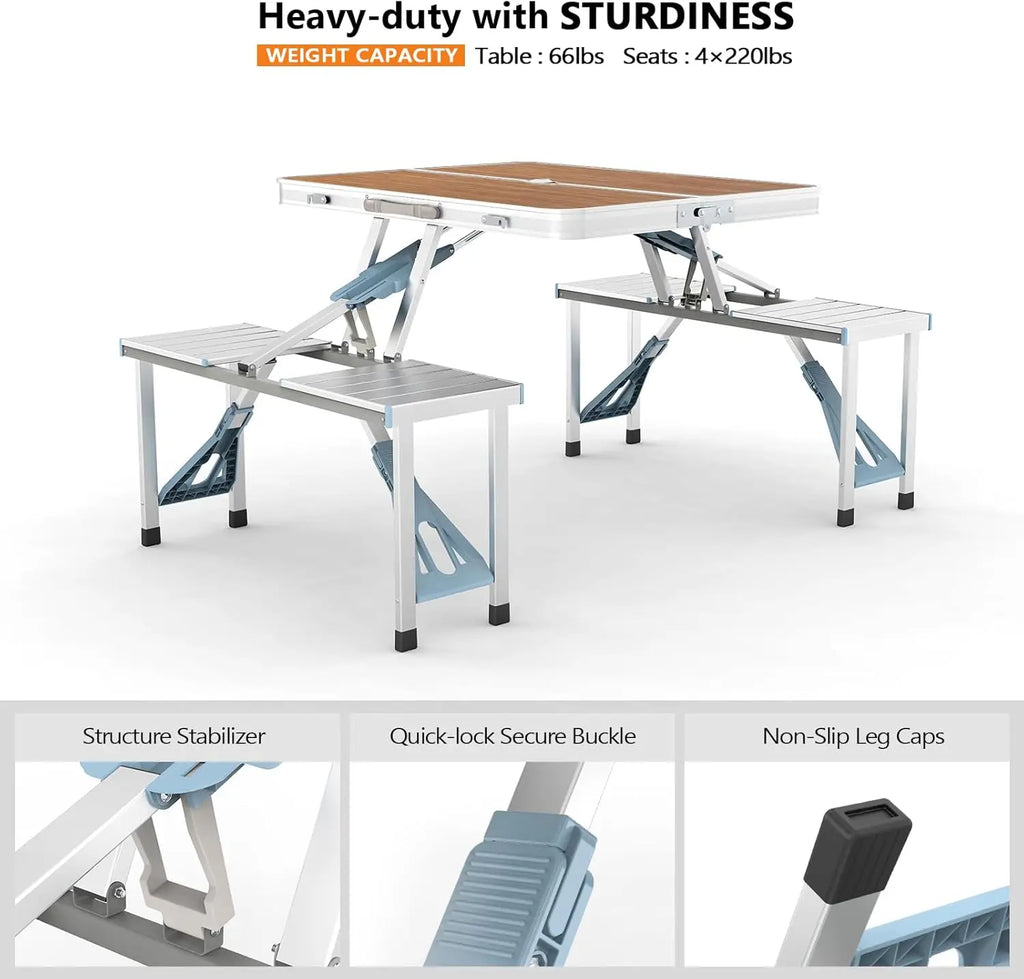 4 Ft Camping Picnic Table Set with 4 Seats, 220 Lbs Support Aluminum Frame, Foldable Suitcase Design with Umbrella Hole, for BBQ, Travel, Outing, Gathering, RV