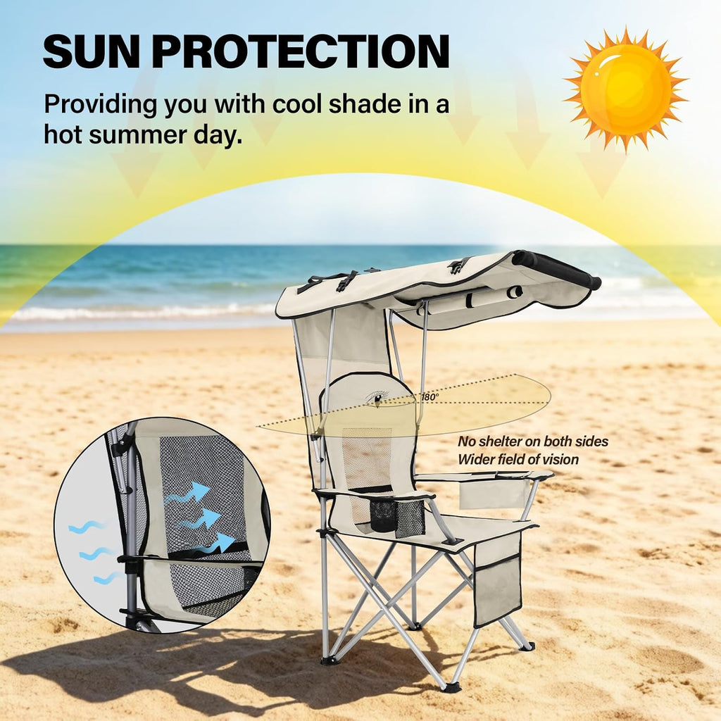 Camping Chairs with Canopy, Portable Quad Lawn Chair for Adults, Folding Recliner Chair with Cup Holder Outdoor Events and Shade- Support 330 LBS