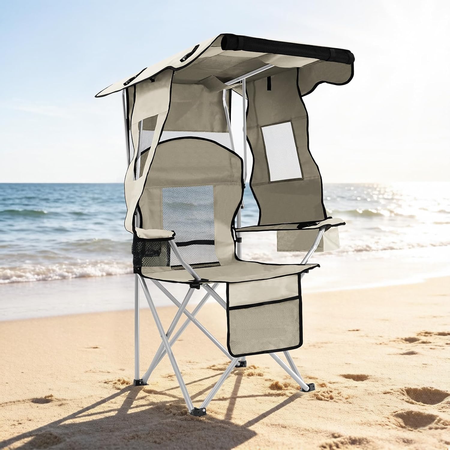Camping Chairs with Canopy, Portable Quad Lawn Chair for Adults, Folding Recliner Chair with Cup Holder Outdoor Events and Shade- Support 330 LBS