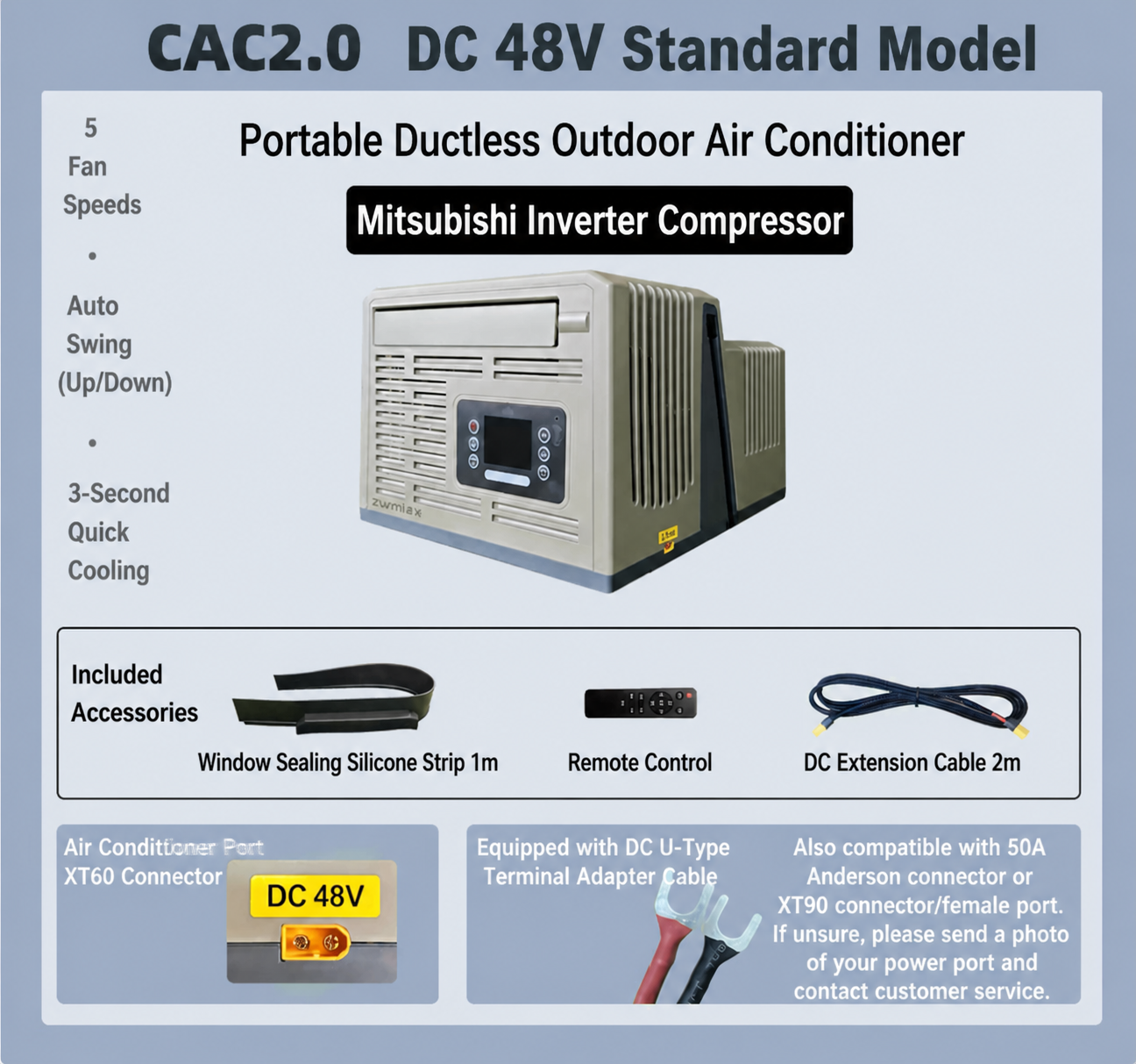 All-in-One DC Portable Air Conditioner for Car RV Tent Outdoor, 24V/48V Fast Cooling AC