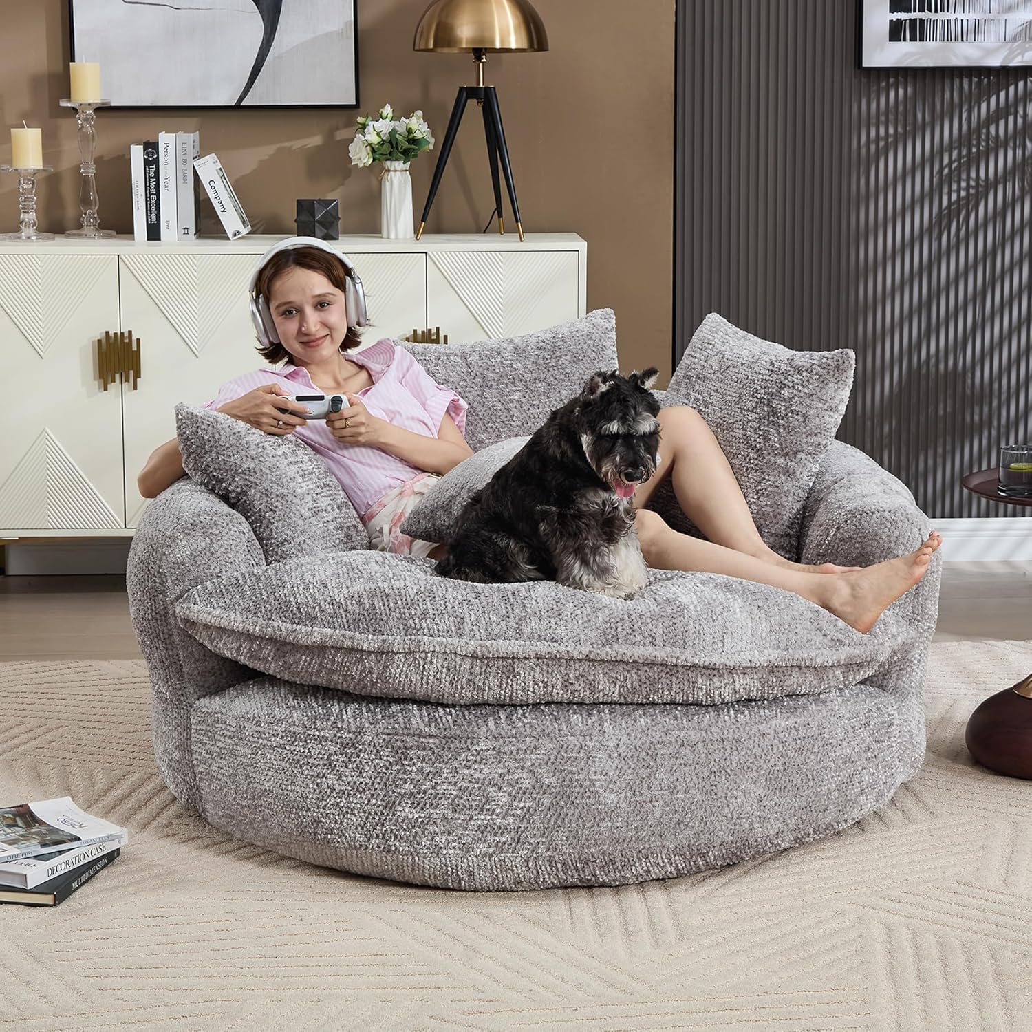 55 inch Oversized Round Chair, Fluffy Chenille Boneless Sofa with Extra Deep Seat for Living Room Lounge