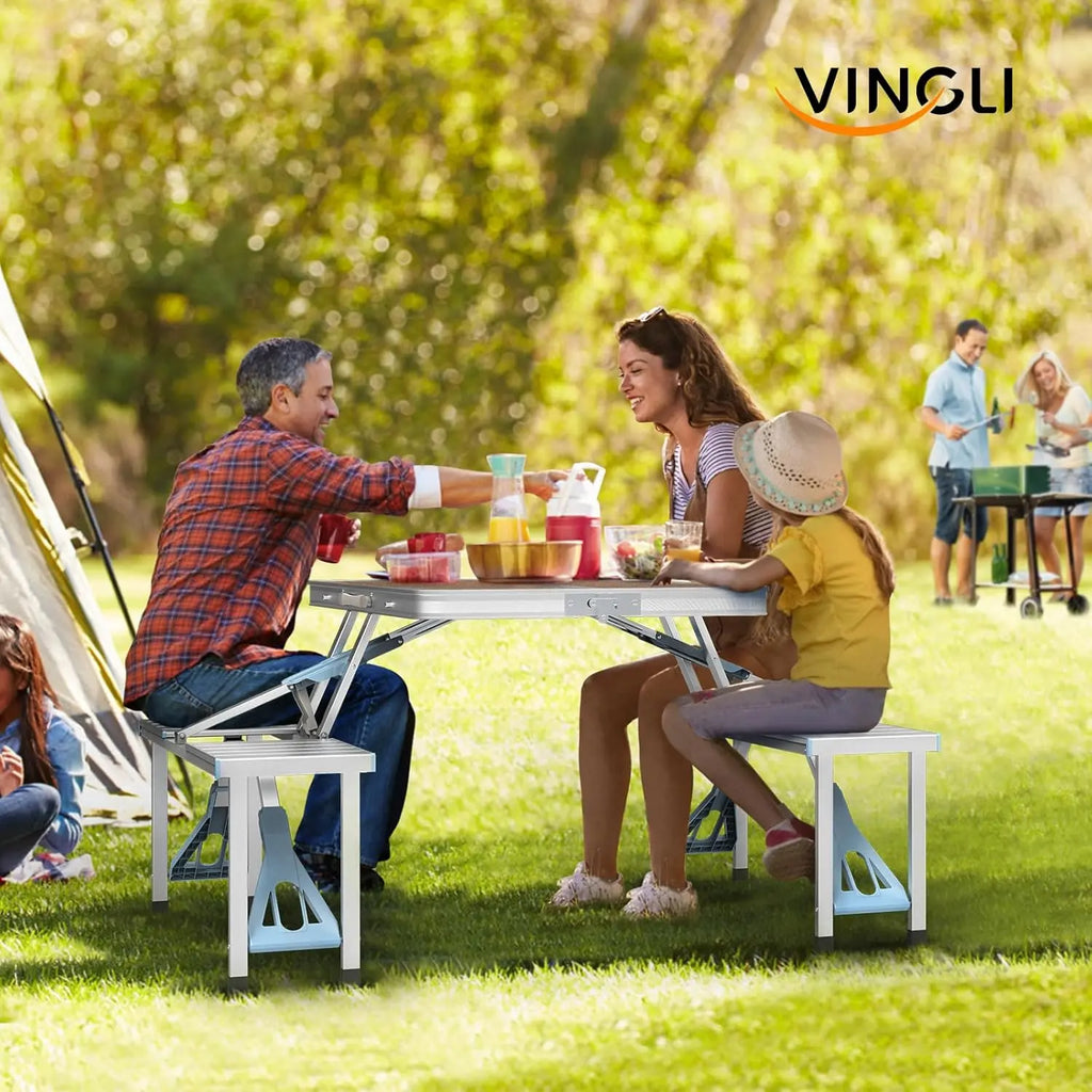 4 Ft Camping Picnic Table Set with 4 Seats, 220 Lbs Support Aluminum Frame, Foldable Suitcase Design with Umbrella Hole, for BBQ, Travel, Outing, Gathering, RV