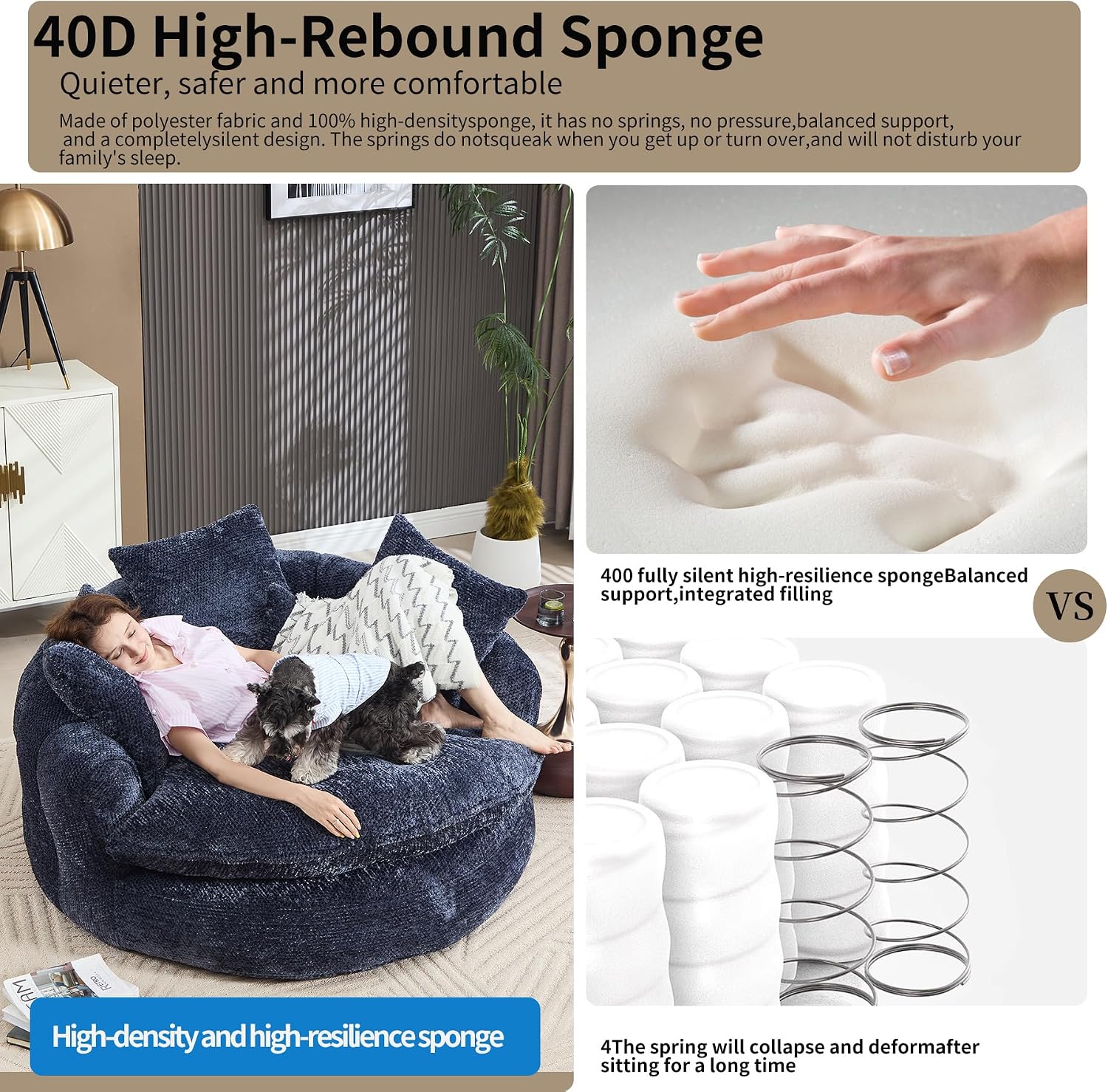 55 inch Oversized Round Chair, Fluffy Chenille Boneless Sofa with Extra Deep Seat for Living Room Lounge