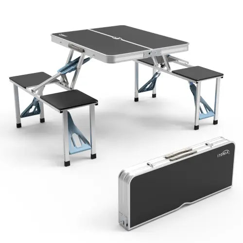 4 Ft Camping Picnic Table Set with 4 Seats, 220 Lbs Support Aluminum Frame, Foldable Suitcase Design with Umbrella Hole, for BBQ, Travel, Outing, Gathering, RV